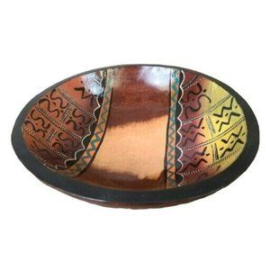 Tribal Art Hand Painted Glossy Bowl 7.25" dia Two-Tone Wood Decor Trinket